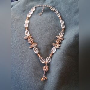 Elegant Gold Tone Rose & Clear Bead Necklace VERY NICE!